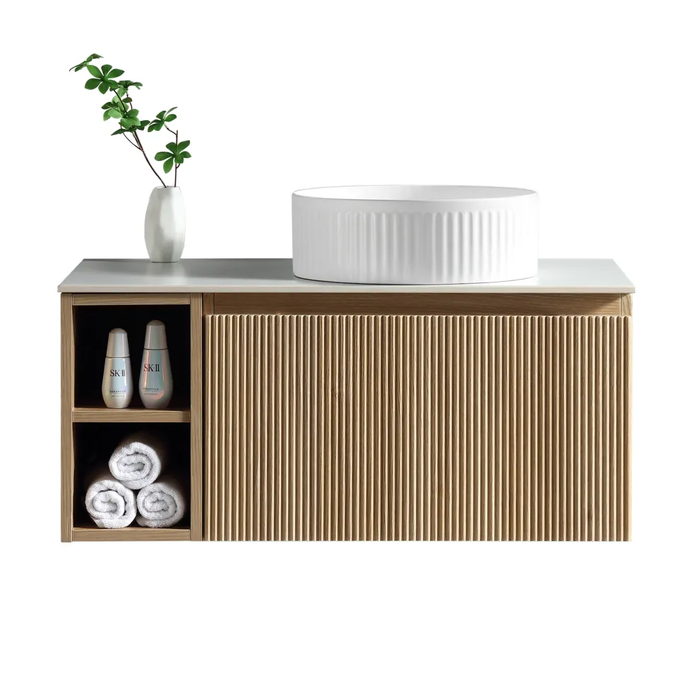 Drench Groove 800mm Fluted Wall Hung Vanity Unit with Open Shelves & Sintered Stone Countertop