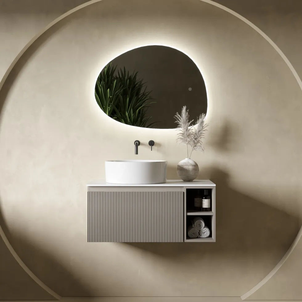 Drench Groove 800mm Fluted Wall Hung Vanity Unit with Open Shelves & Sintered Stone Countertop