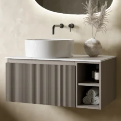 Drench Groove 800mm Fluted Wall Hung Vanity Unit with Open Shelves & Sintered Stone Countertop