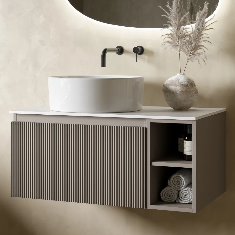 Drench Groove 800mm Fluted Wall Hung Vanity Unit with Open Shelves & Sintered Stone Countertop