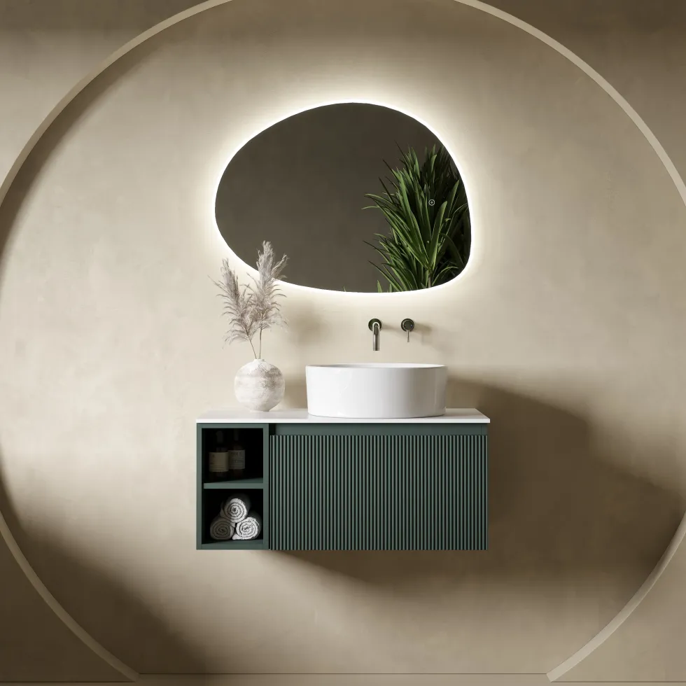 Drench Groove 800mm Fluted Wall Hung Vanity Unit with Open Shelves & Sintered Stone Countertop