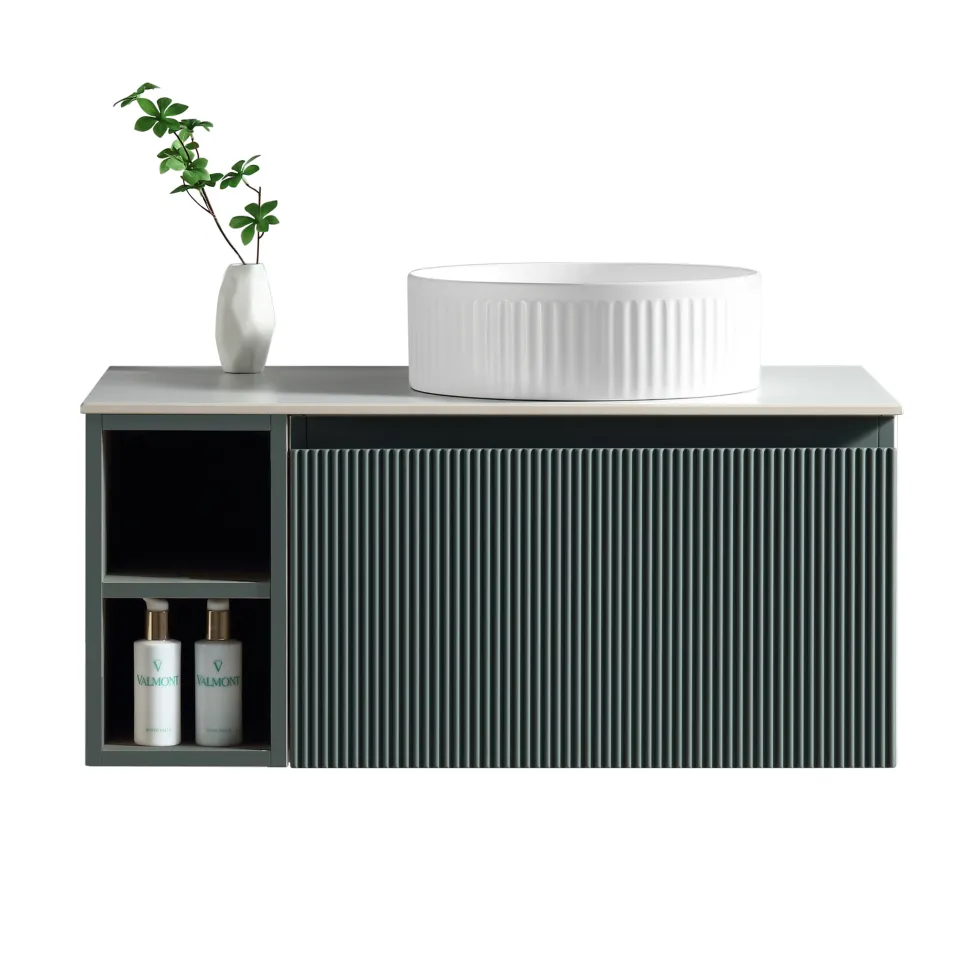 Drench Groove 800mm Fluted Wall Hung Vanity Unit with Open Shelves & Sintered Stone Countertop