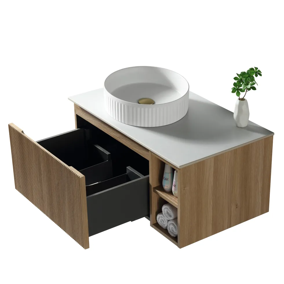 Drench Groove 800mm Fluted Wall Hung Vanity Unit with Open Shelves & Sintered Stone Countertop