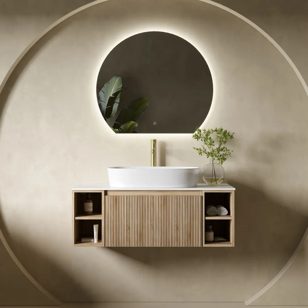Drench Groove 1000mm Fluted Wall Hung Vanity Unit with Open Shelves & Sintered Stone Countertop