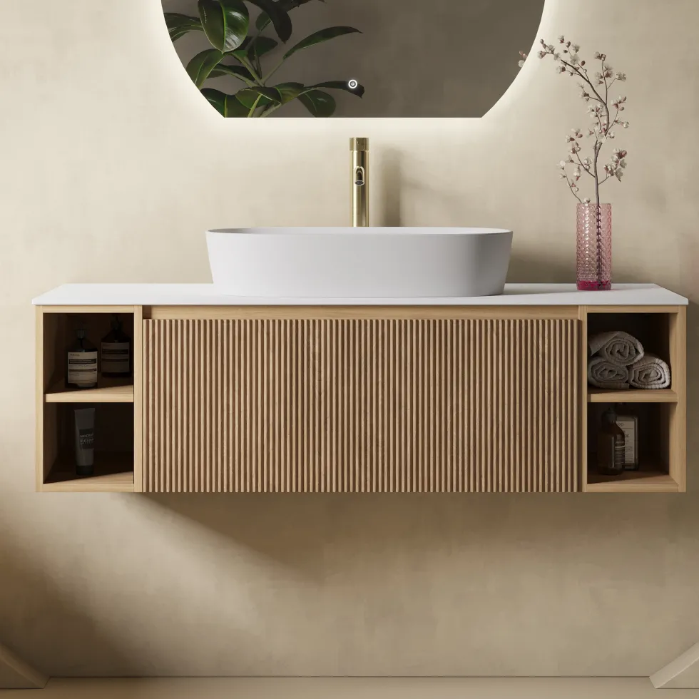 Drench Groove 1200mm Fluted Wall Hung Vanity Unit With Open Shelves & Sintered Stone Countertop