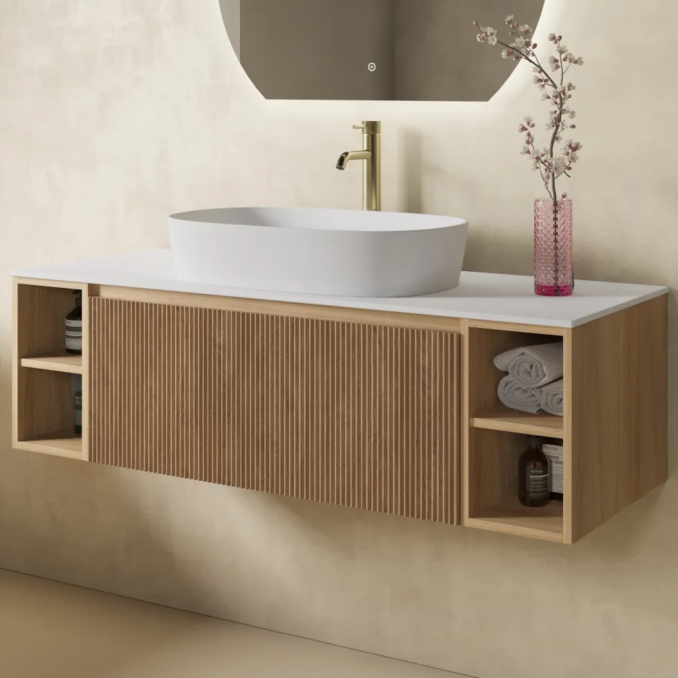 Drench Groove 1200mm Fluted Wall Hung Vanity Unit With Open Shelves & Sintered Stone Countertop