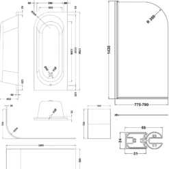 Drench J Shaped Shower Bath with Panel & Brushed Brass Shower Screen - 1700mm