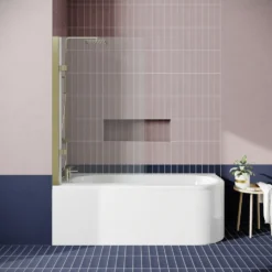 Drench J Shaped Shower Bath with Panel & Brushed Brass Shower Screen - 1700mm