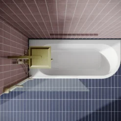 Drench J Shaped Shower Bath with Panel & Brushed Brass Shower Screen - 1700mm