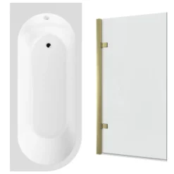 Drench J Shaped Shower Bath with Panel & Brushed Brass Shower Screen - 1700mm