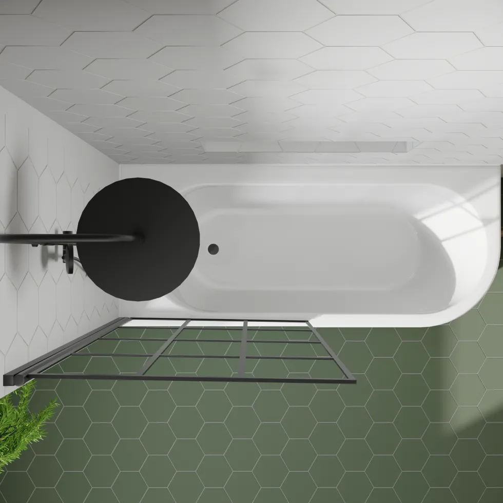 Drench J Shaped Shower Bath with Panel & Matt Black Shower Screen - 1700mm