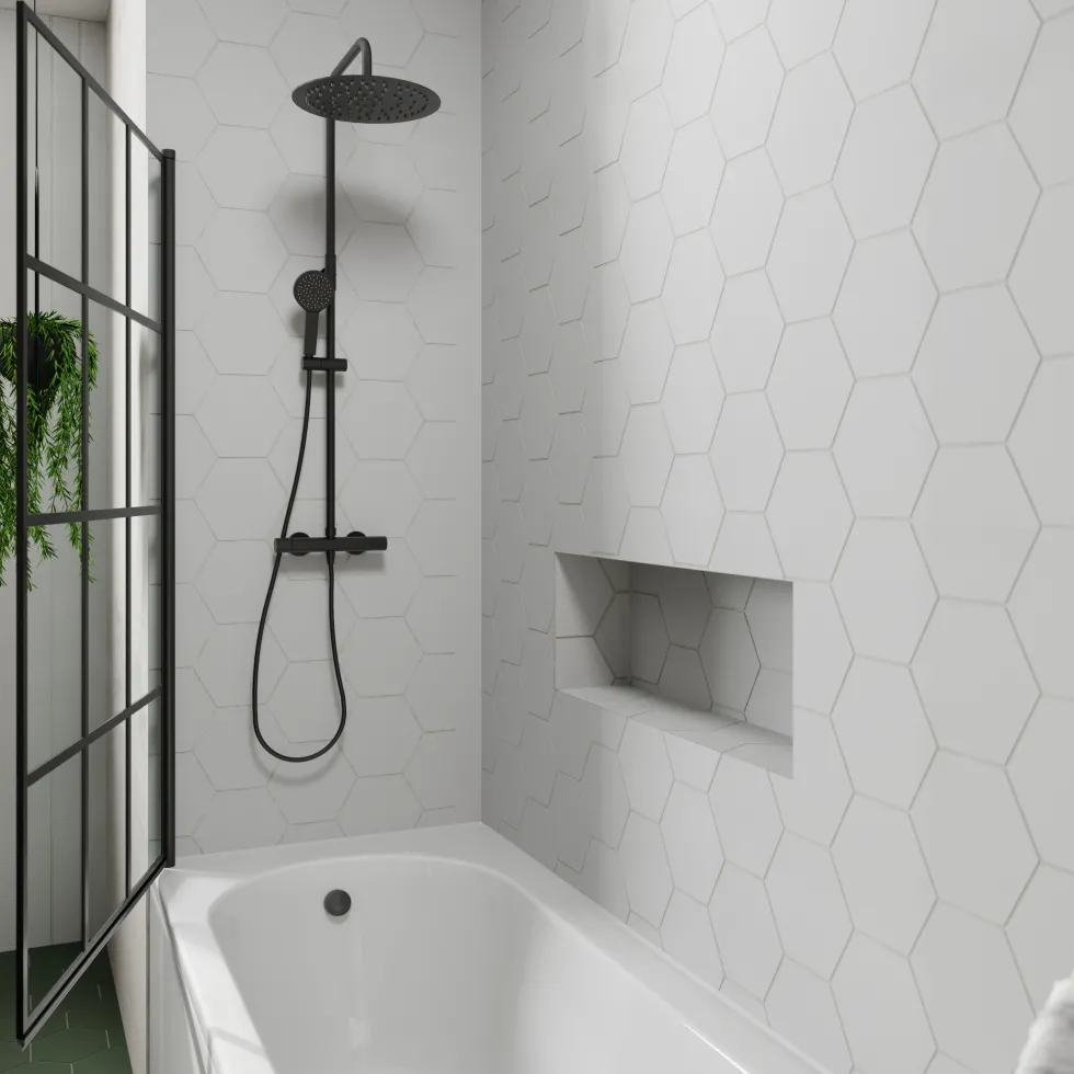 Drench J Shaped Shower Bath with Panel & Matt Black Shower Screen - 1700mm