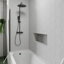 Drench J Shaped Shower Bath with Panel & Matt Black Shower Screen - 1700mm