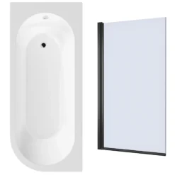 Drench J Shaped Shower Bath with Panel & Matt Black Shower Screen - 1700mm