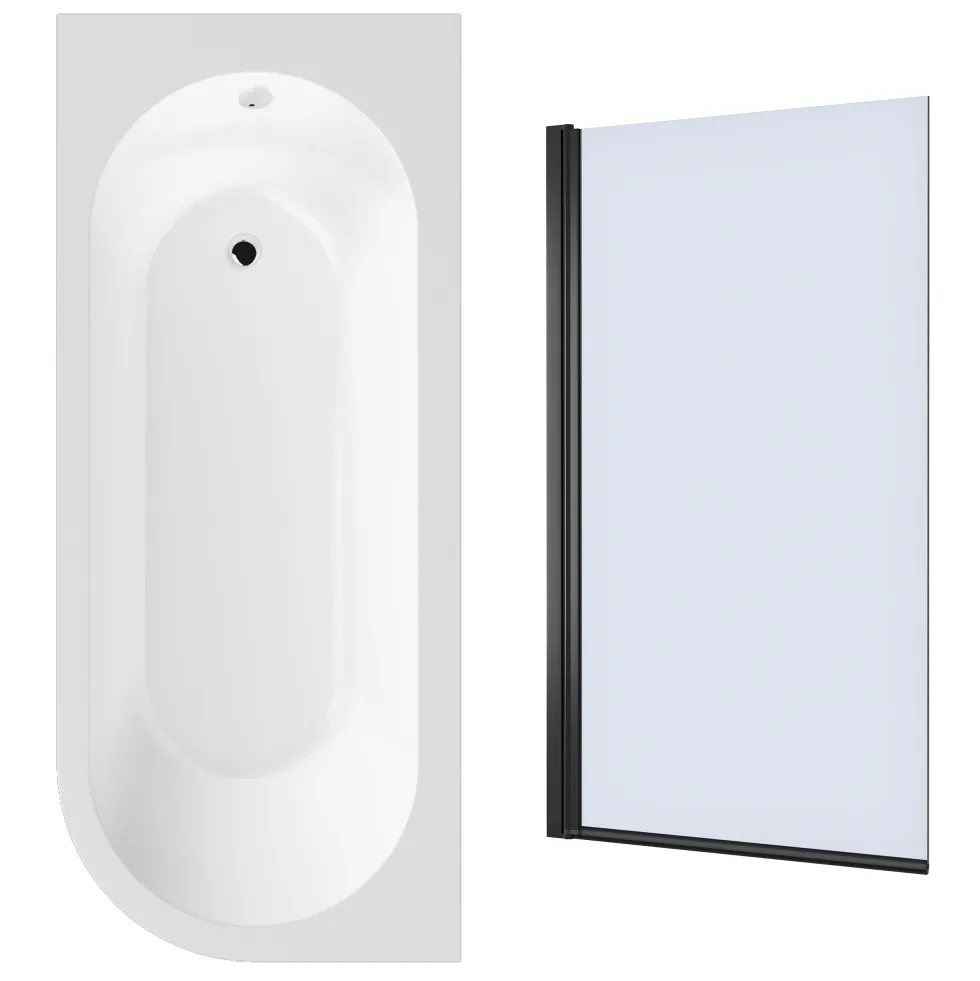 Drench J Shaped Shower Bath with Panel & Matt Black Shower Screen - 1700mm