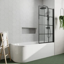 Drench J Shaped Shower Bath with Panel & Matt Black Shower Screen - 1700mm