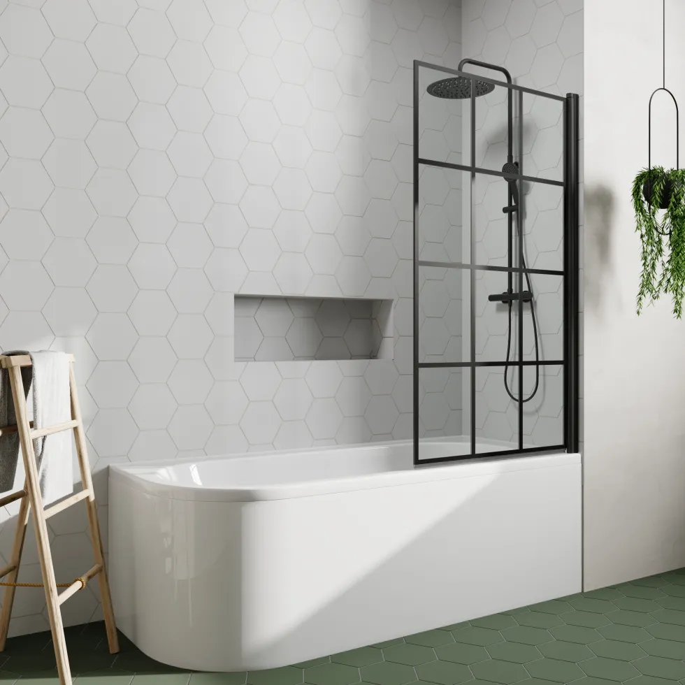 Drench J Shaped Shower Bath with Panel & Matt Black Shower Screen - 1700mm