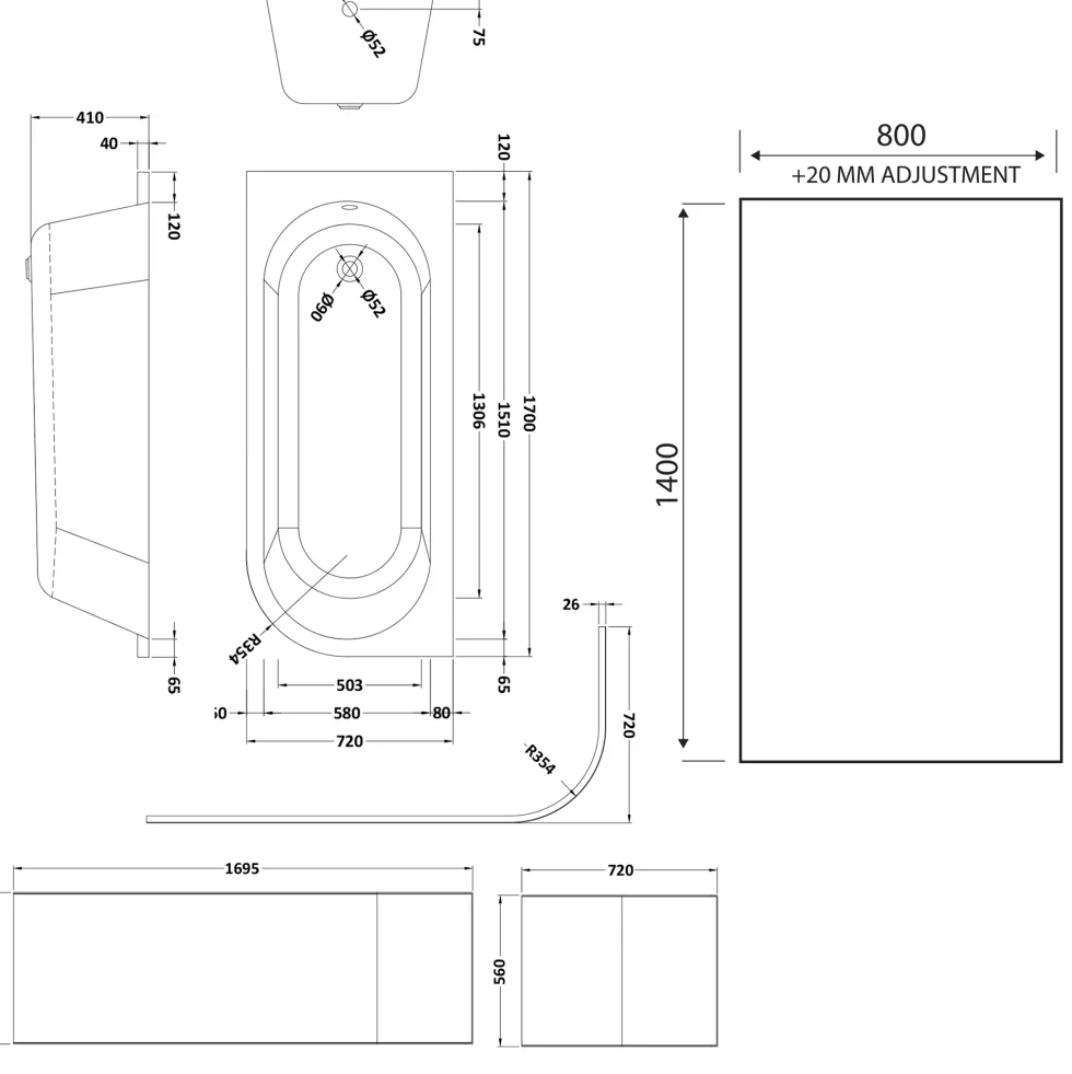 Drench J Shaped Shower Bath with Panel & Matt Black Shower Screen - 1700mm