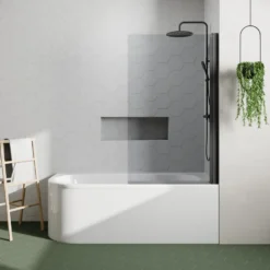 Drench J Shaped Shower Bath with Panel & Matt Black Shower Screen - 1700mm