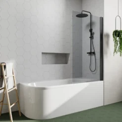 Drench J Shaped Shower Bath with Panel & Matt Black Shower Screen - 1700mm