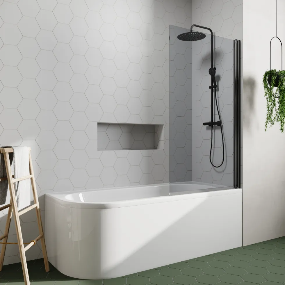 Drench J Shaped Shower Bath with Panel & Matt Black Shower Screen - 1700mm