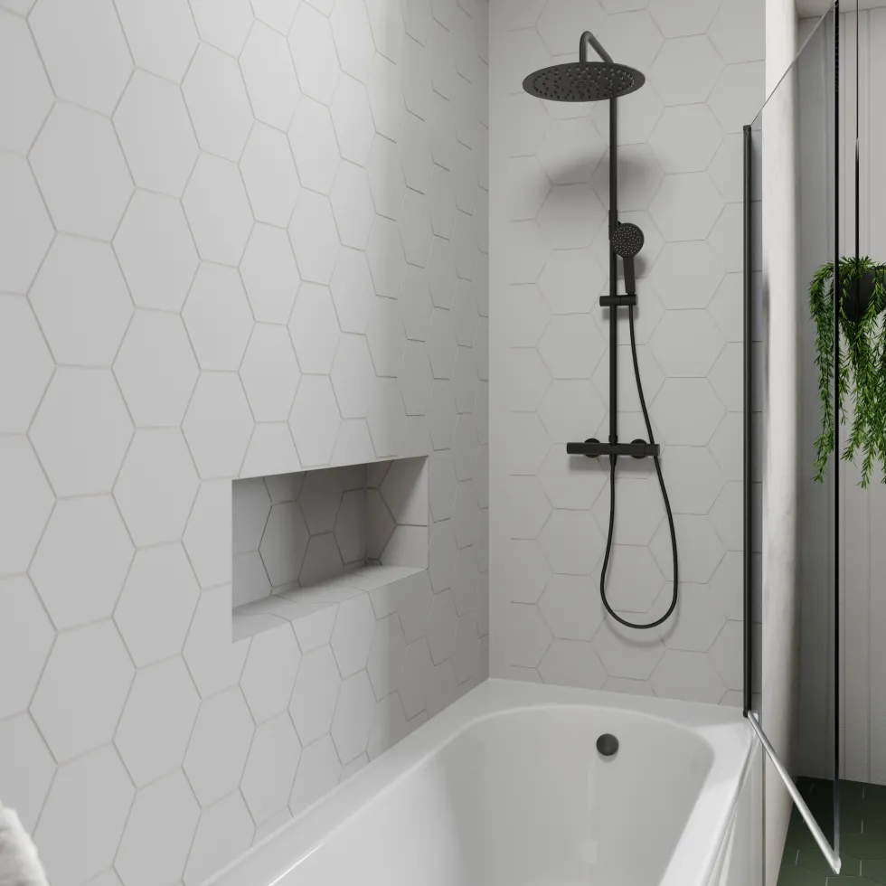 Drench J Shaped Shower Bath with Panel & Matt Black Shower Screen - 1700mm