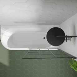 Drench J Shaped Shower Bath with Panel & Matt Black Shower Screen - 1700mm
