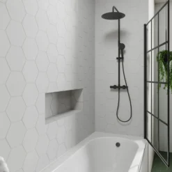 Drench J Shaped Shower Bath with Panel & Matt Black Shower Screen - 1700mm