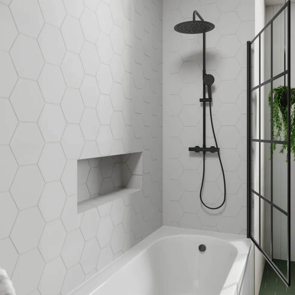 Drench J Shaped Shower Bath with Panel & Matt Black Shower Screen - 1700mm