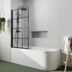 Drench J Shaped Shower Bath with Panel & Matt Black Shower Screen - 1700mm