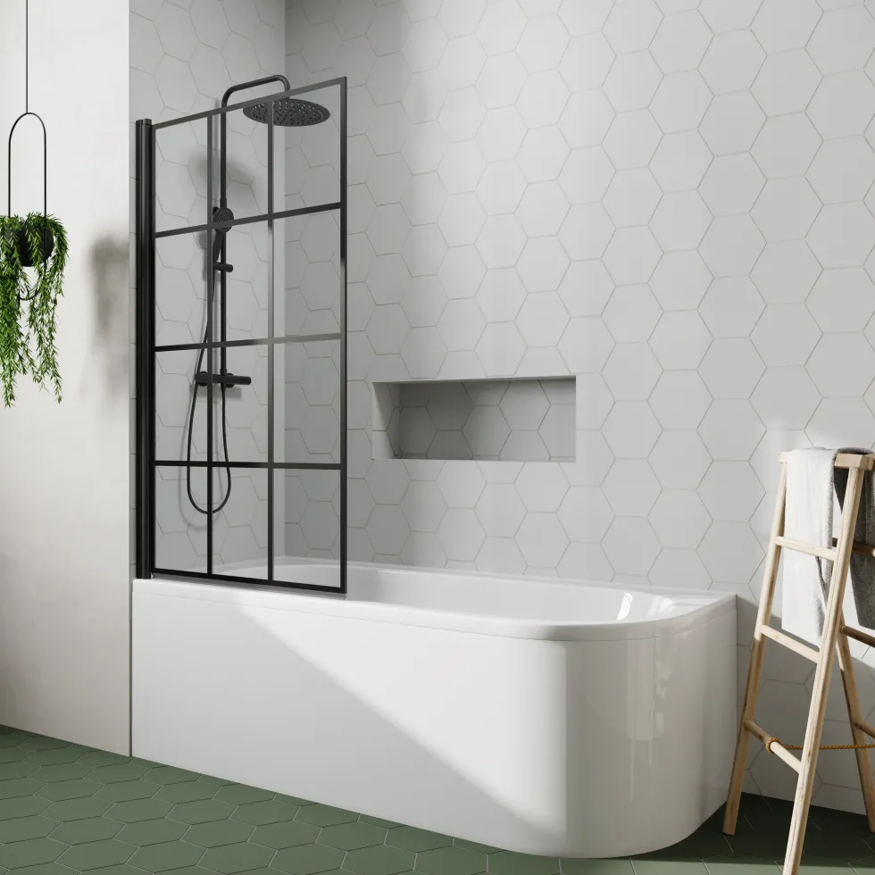 Drench J Shaped Shower Bath with Panel & Matt Black Shower Screen - 1700mm