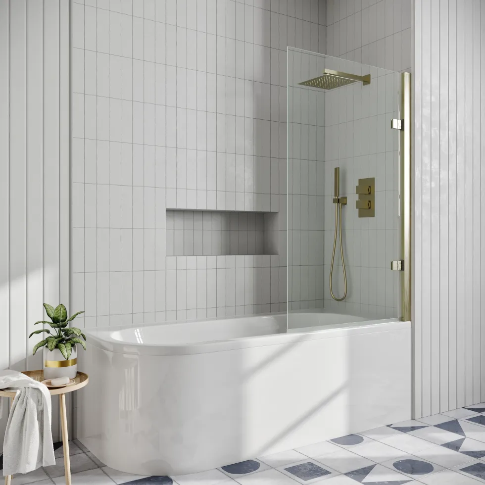 Drench J Shaped Shower Bath with Panel & Shower Screen