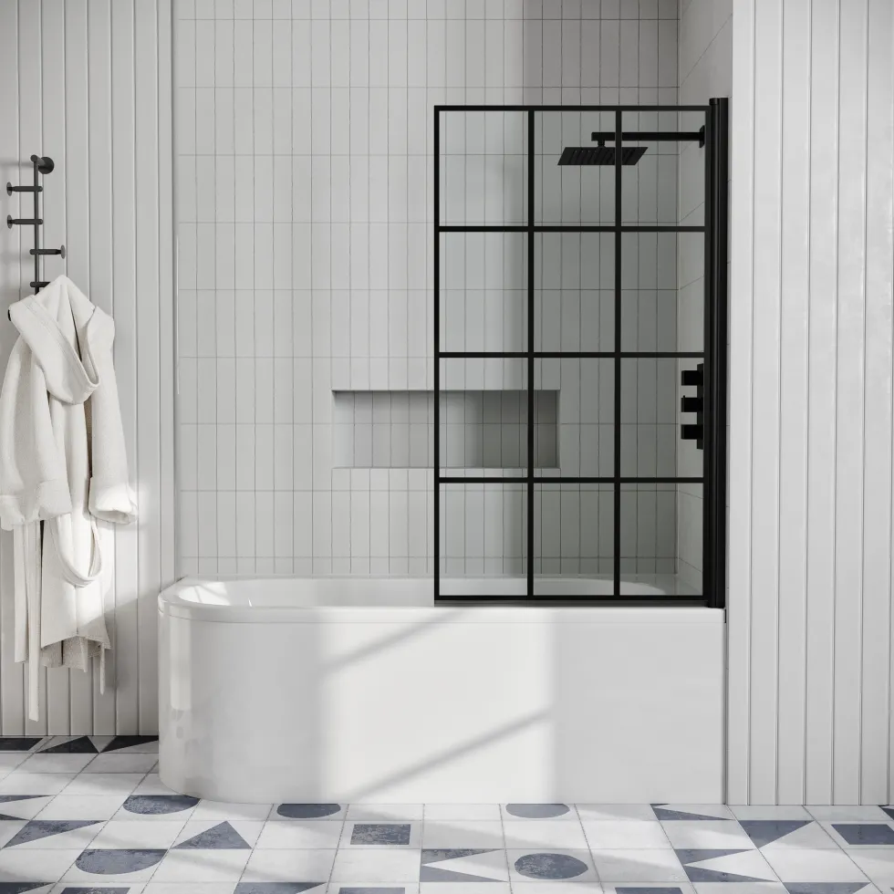 Drench J Shaped Shower Bath with Panel & Shower Screen