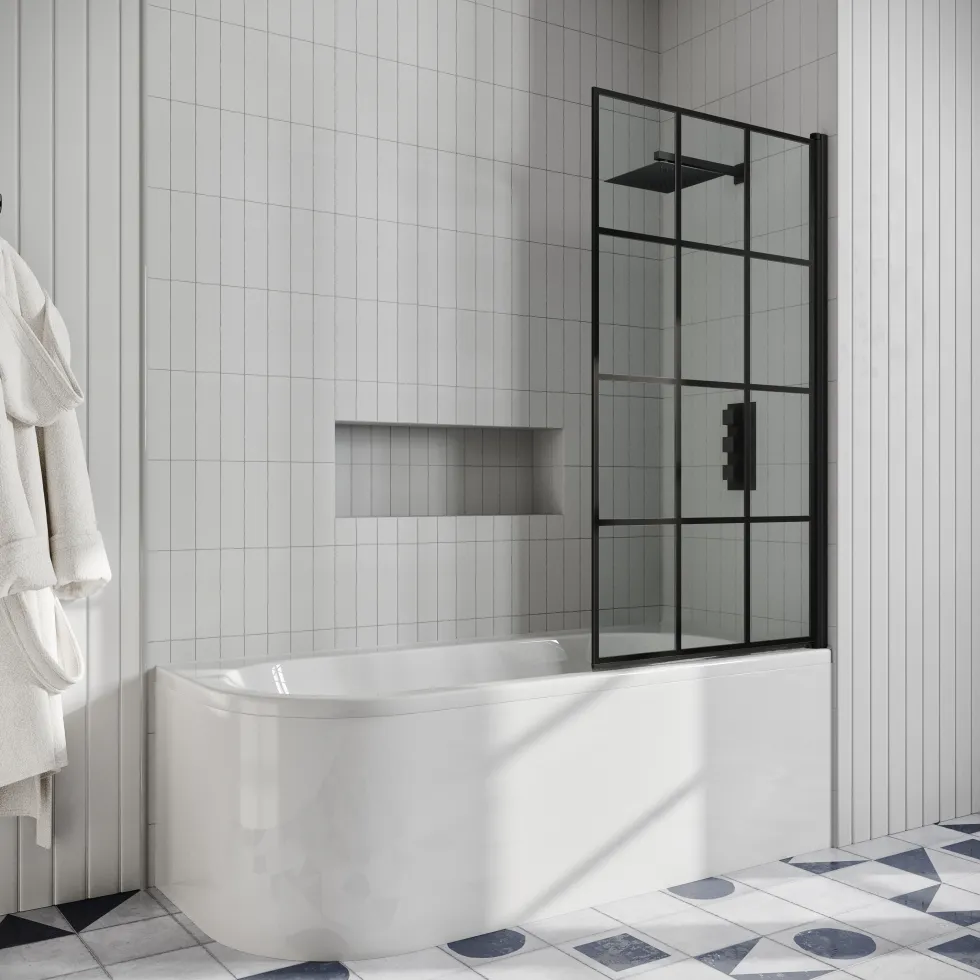 Drench J Shaped Shower Bath with Panel & Shower Screen