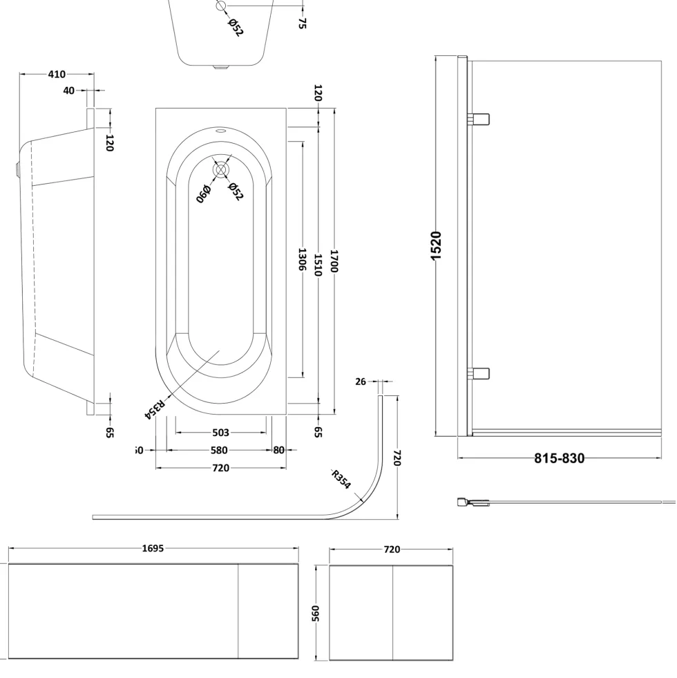 Drench J Shaped Shower Bath with Panel & Shower Screen