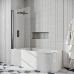 Drench J Shaped Shower Bath with Panel & Shower Screen