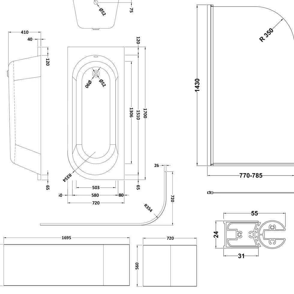 Drench J Shaped Shower Bath with Panel & Shower Screen