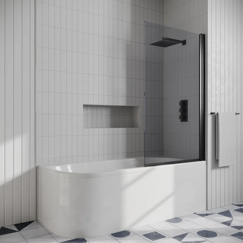 Drench J Shaped Shower Bath with Panel & Shower Screen
