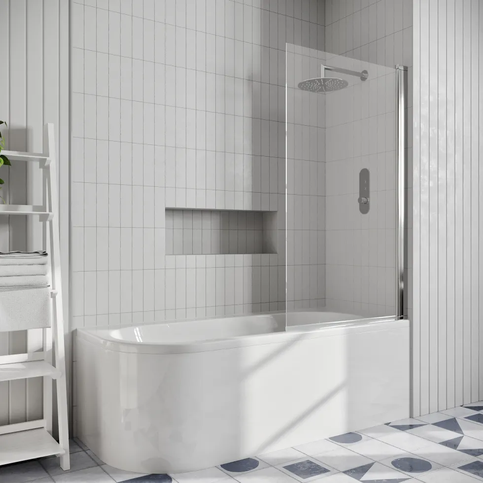 Drench J Shaped Shower Bath with Panel & Shower Screen