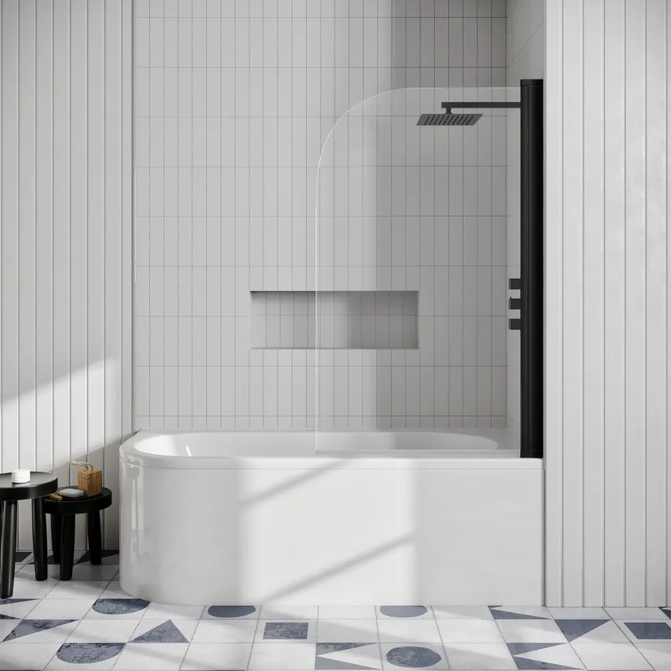 Drench J Shaped Shower Bath with Panel & Shower Screen