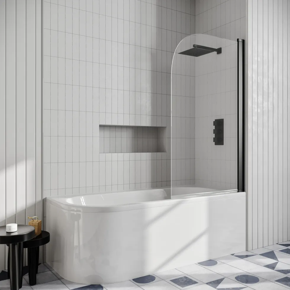 Drench J Shaped Shower Bath with Panel & Shower Screen