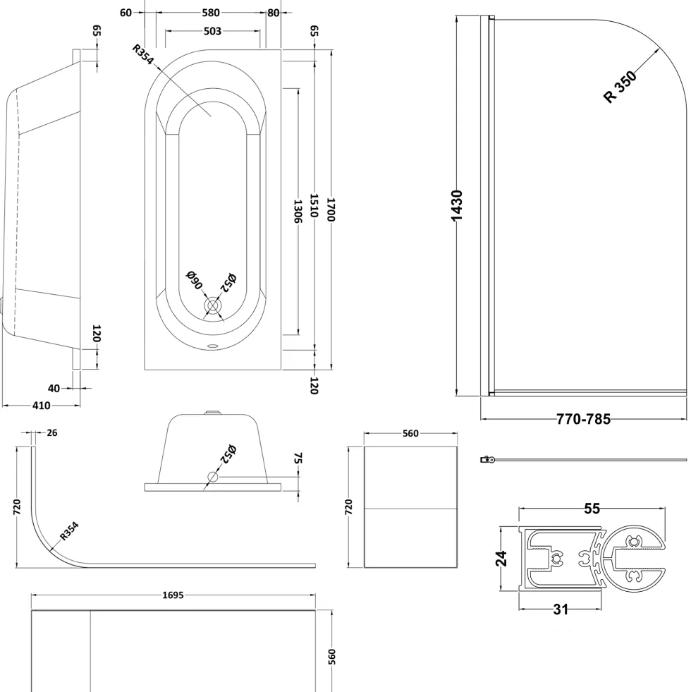 Drench J Shaped Shower Bath with Panel & Shower Screen