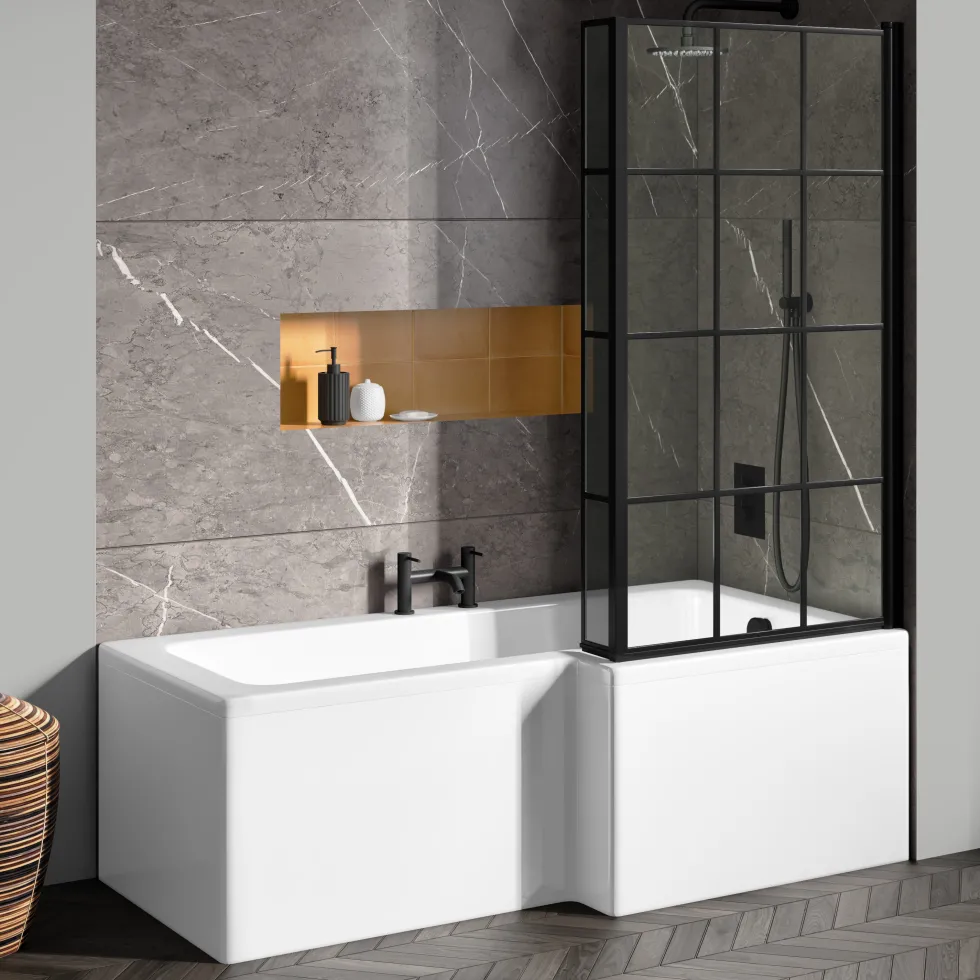 Drench L Shaped Shower Bath with Black Grid Shower Screen & Panel - 1700mm