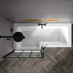 Drench L Shaped Shower Bath with Black Grid Shower Screen & Panel - 1700mm