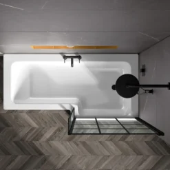 Drench L Shaped Shower Bath with Black Grid Shower Screen & Panel - 1700mm
