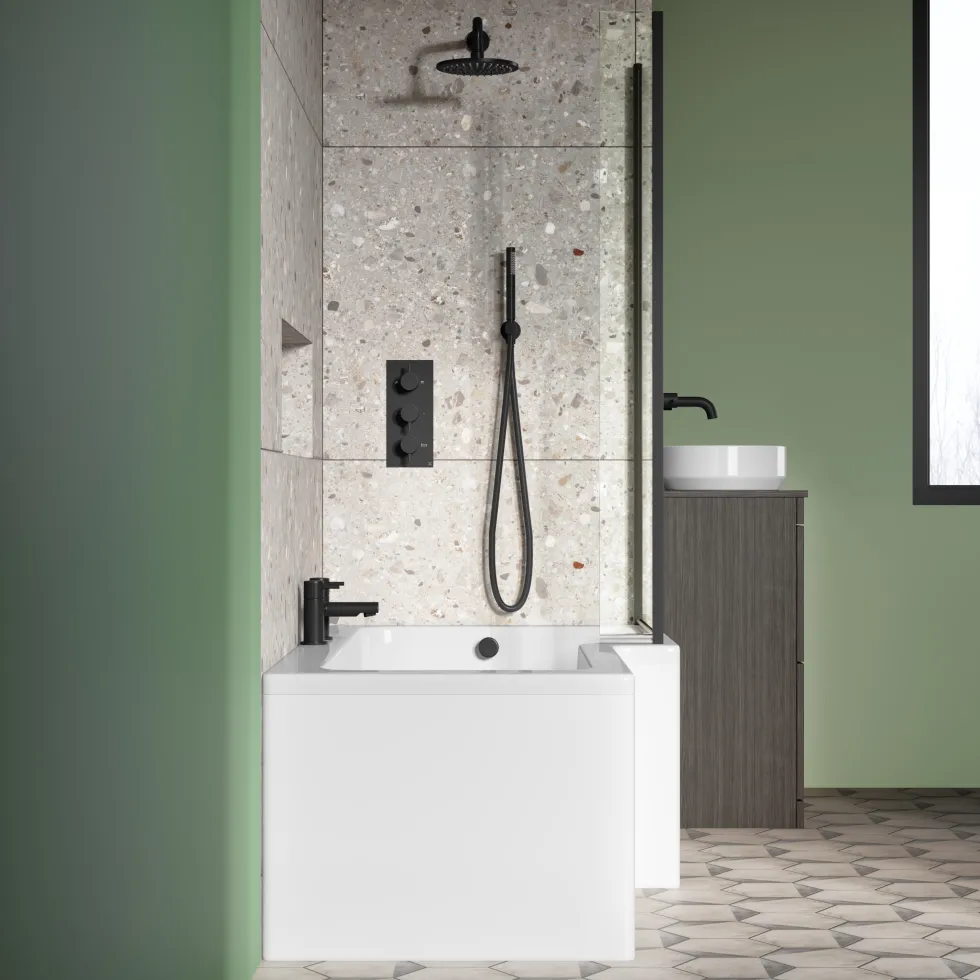 Drench L Shaped Shower Bath with Black Shower Screen & Panel - 1700mm