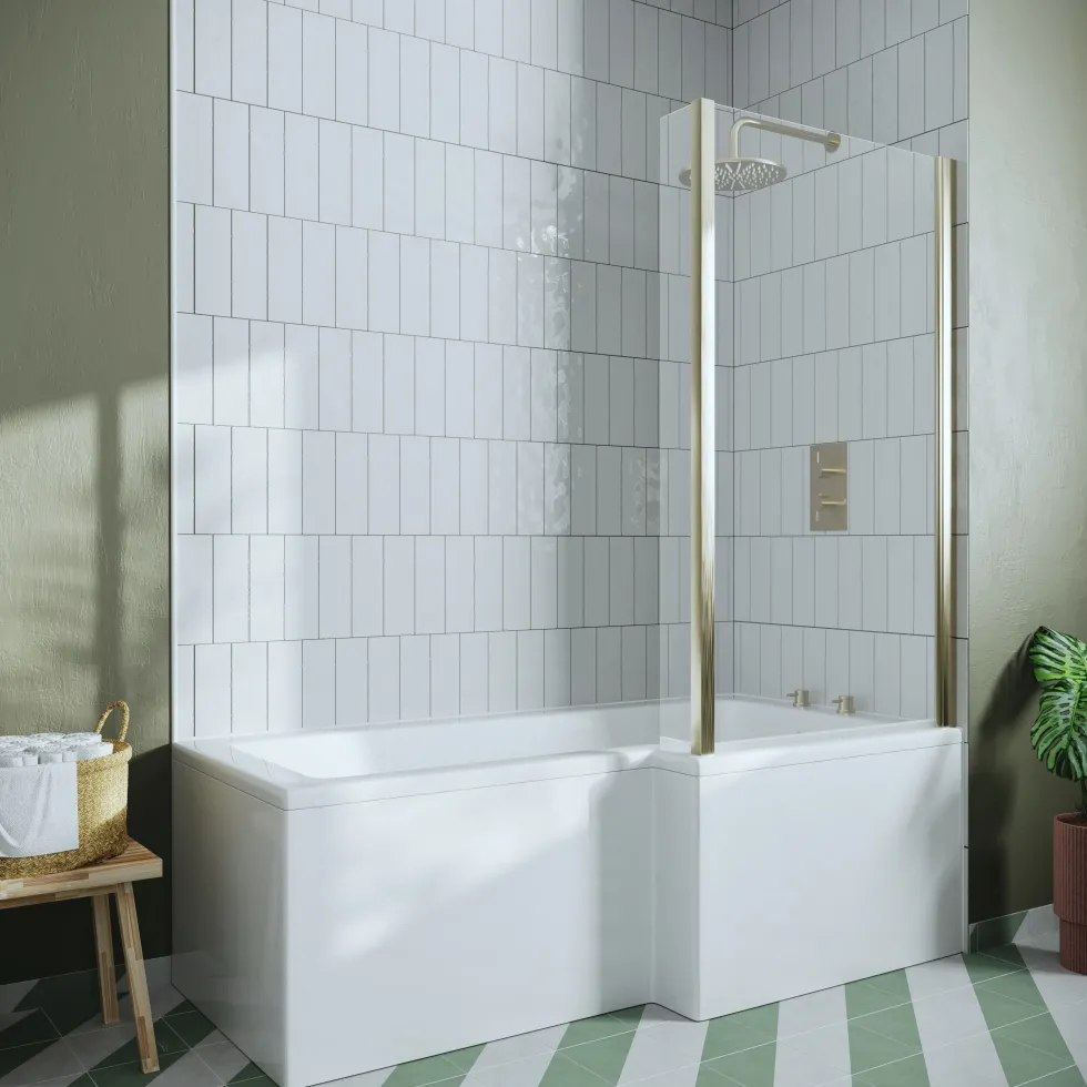Drench L Shaped Shower Bath with Brushed Brass Shower Screen & Panel - 1700mm