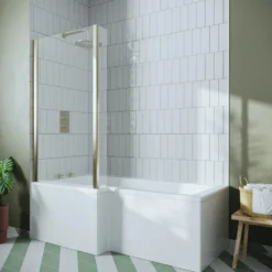 Drench L Shaped Shower Bath with Brushed Brass Shower Screen & Panel - 1700mm