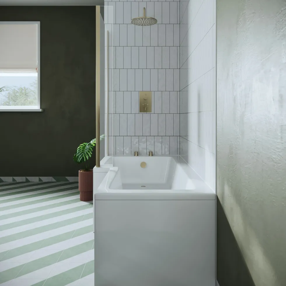 Drench L Shaped Shower Bath with Brushed Brass Shower Screen & Panel - 1700mm