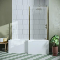 Drench L Shaped Shower Bath with Brushed Brass Shower Screen & Panel - 1700mm